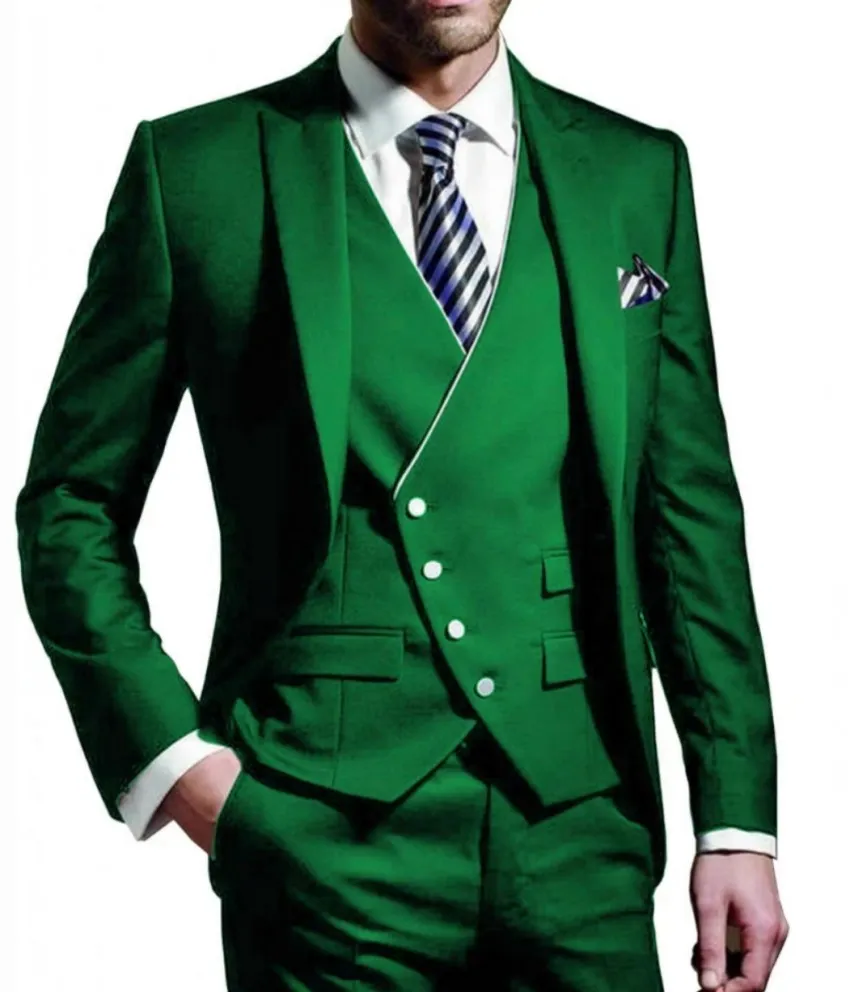 Hot Recommend Green Groom Tuxedos Men Formal Peak Lapel Slim Fit Suits Business Men Wear Wedding Prom Dinner Suits Jacket Pants Tie Vest 113