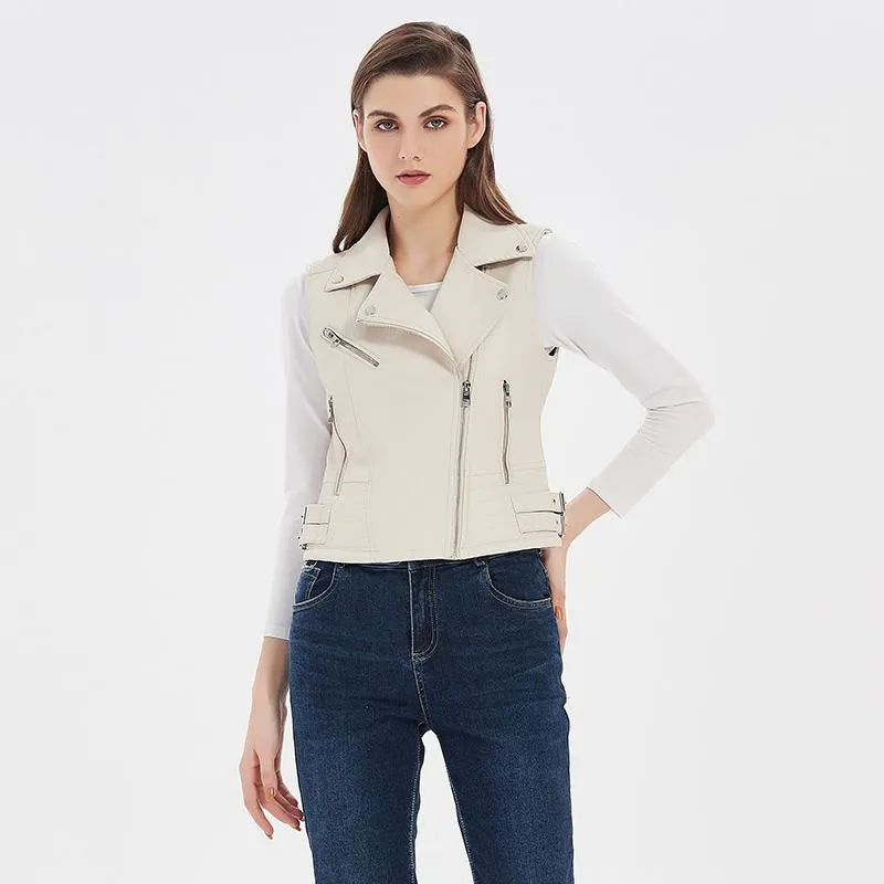 Gilet in pelle PU da donna Gilet solido da donna Moto 2023 Primavera Autunno Gilet senza maniche con cerniera di alta qualità Top