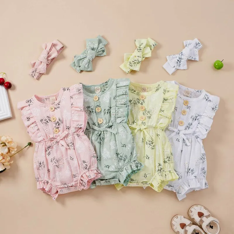 Rompers Toddler Baby Girls Boys Floral Bodysuit med pannband Bomull Linne Ruffle ärmlösa bodysuits Spädbarn Born Summer Jumpsuit