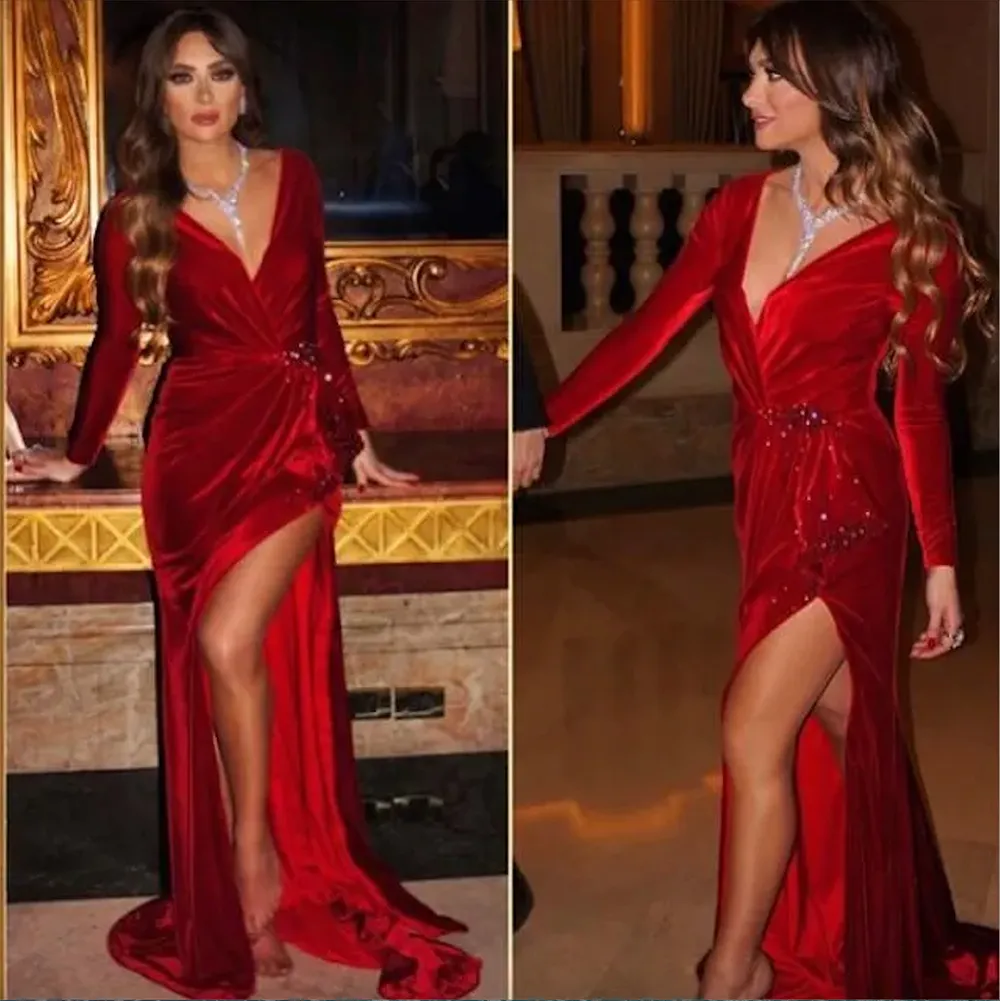 Dark Jennifer Lopez Red Veet Celebrity Evening Dress Mermaid Deep V-neck Long Sleeves Dubai Arabic Prom Dresses Party es