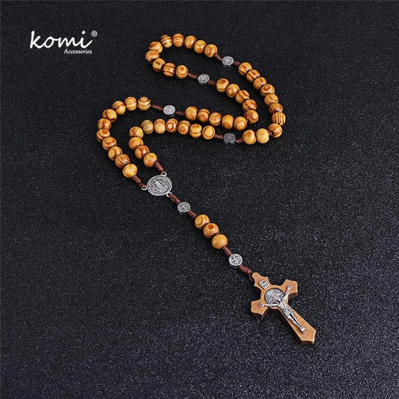 Hangende kettingen Komi houten kralen kruisen lange ketting rozenkrans Jezus Coin s religieuze biddende sieraden geschenk R-021