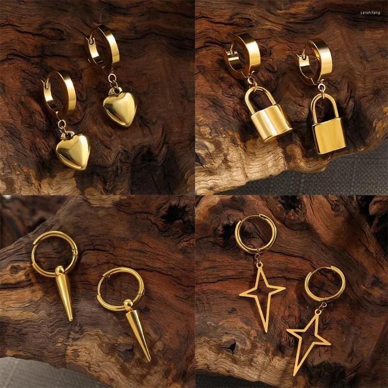 Bengelen oorbellen vintage gotische slot hart piercing druppel voor vrouwen mannen punk goud kleur roestvrijstalen kruisbal hangerse sieraden