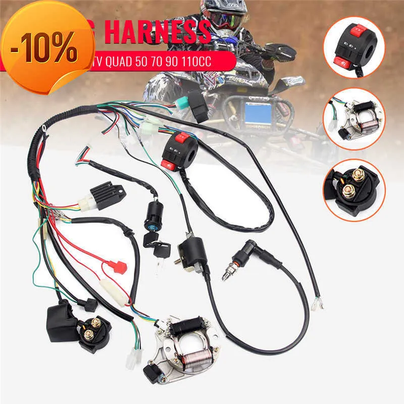 New Full Electrical Wiring Harness Kit Fit For Dirt Bike ATV QUAD 50 70 90 110CC with Rectifier Ignition Key Coil CDI Unit