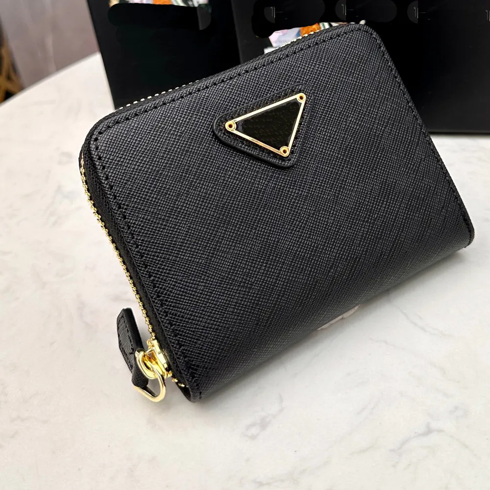Designer kvinna plånbok handväska kvinnor man original låda äkta läder svarta mini plånböcker mode klassiska bokstäver triangel märke blomma mönster