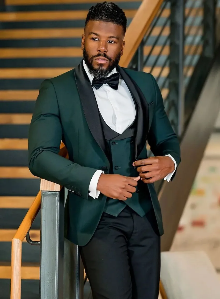 Custom Design Dark Green Suit Men Wedding Tuxedos Excellent Black Lapel Groom Tuxedos Men Business Dinner Prom Blazer Jacket Pants Tie Vest 211 From 94 75 DHgate