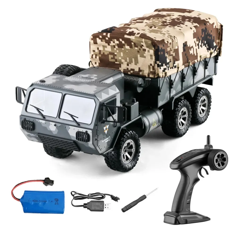 Schwerer RC-Militär-LKW, RC-Armee-LKW mit mehreren 1200-mAh-Batterien und LED-Licht, 1/16 2,4 G 6WD RC-Fahrzeugmodell für Kinder