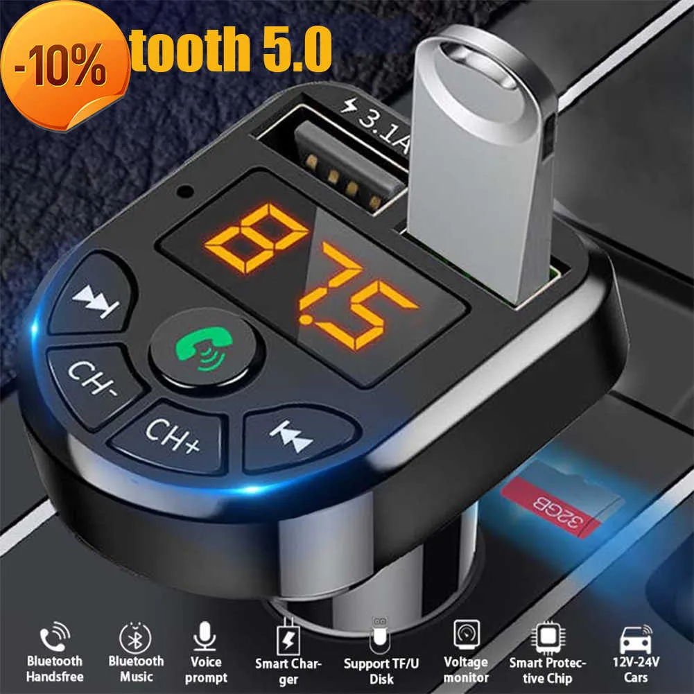 Новый Bluetooth-совместимый 5.0 FM-передатчик автомобиль Car Kit Mp3 Модулятор плеера беспроводной обработки передач Audio 2 USB Fast Charger 3.1a