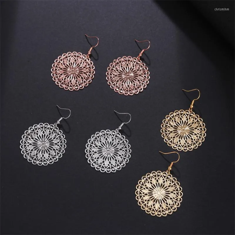 Dangle Earrings Fashion Jewelry Women's Daily Life Gift Round Carved Metal Plate Hollowed Out Gold-plated Rose Gold Court Retro Style