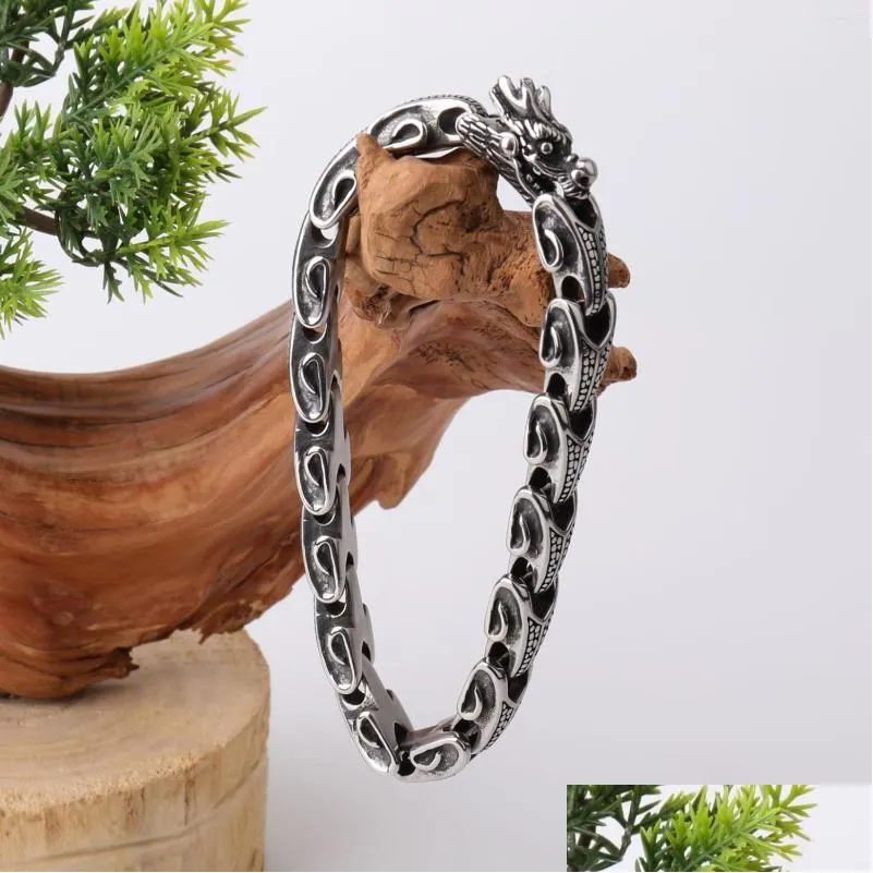 Braccialetti di collegamento a catena Braccialetto di drago punk vintage per uomo Personalità in acciaio inossidabile Trendy Head Bangle Fashion Hip Hop Street Jewe Dhvqc