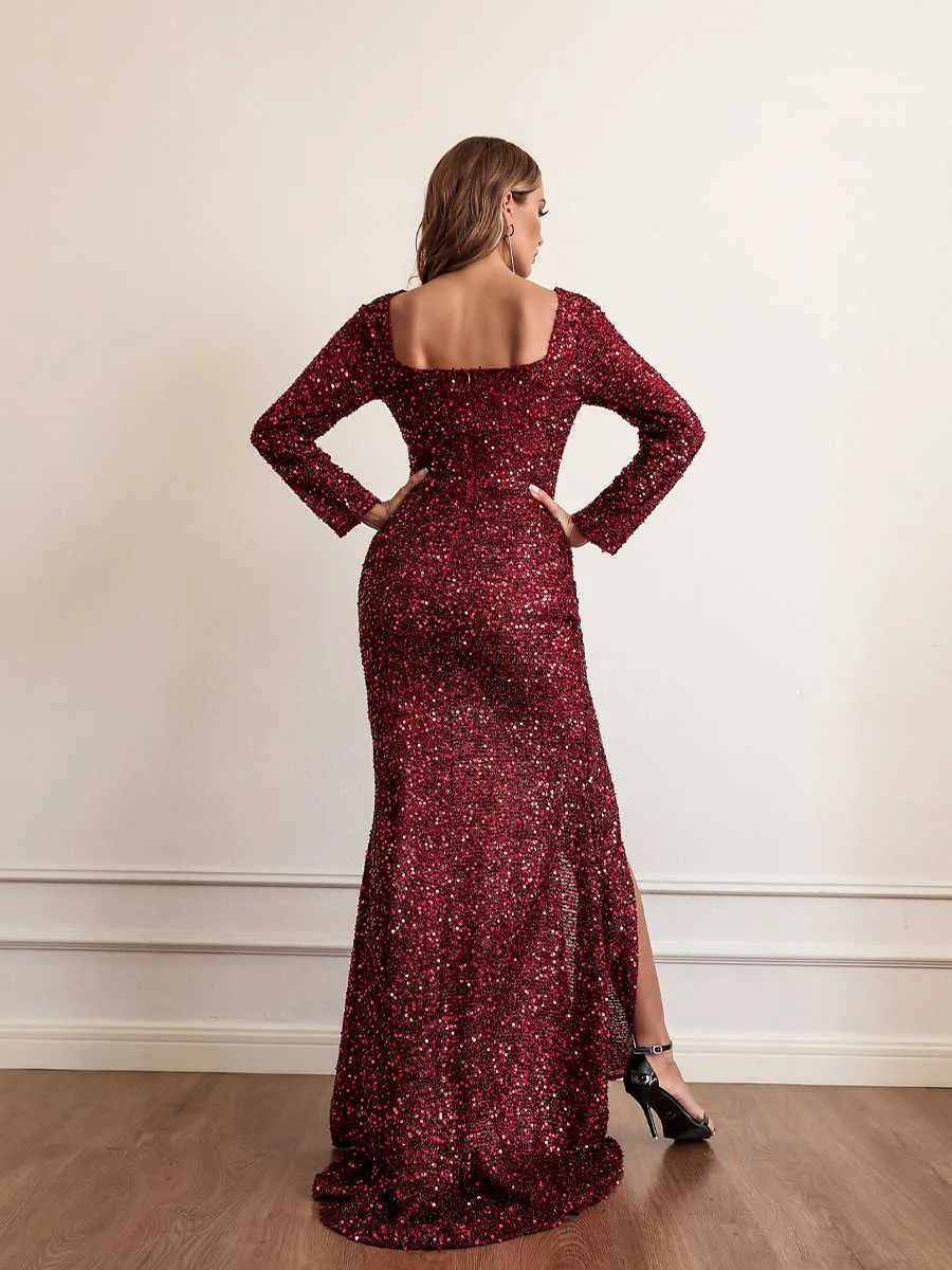 Elegant 2022 Women's Sequin maxi dress with V-Neck and Long Sleeves for Evening Parties and Events - Trailing Vestidos for Ladies