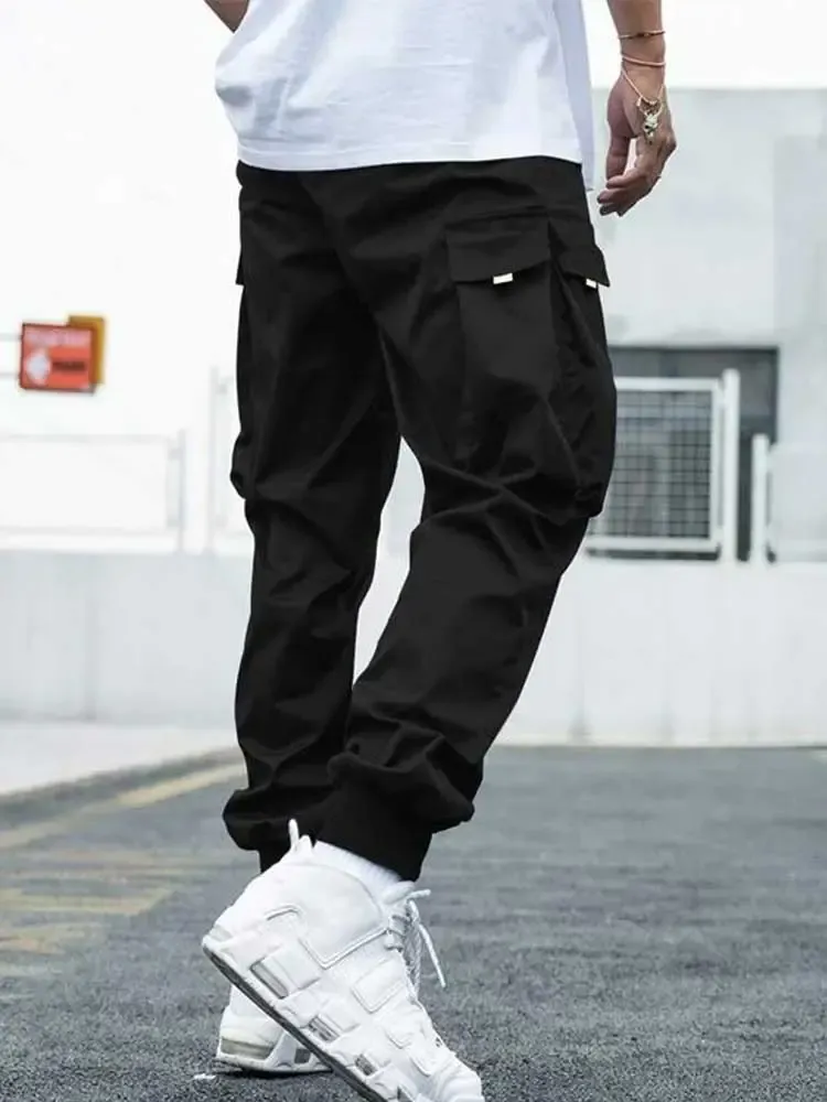 Men s Cargo Pant Solid Mid-waist Elastic Tooling Trousers Techwear Sweatpants with Flap Pocket Drawstring Beam Feet Pants