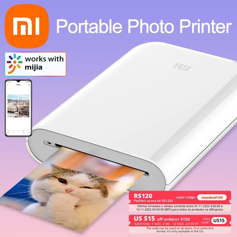 الطابعات الإصدار العالمي Xiaomi Mi Mini Portable Pocket Photo Photo Printer Mijia Zink 300 dpi paper selfadhesive wireless bt color thermal pri