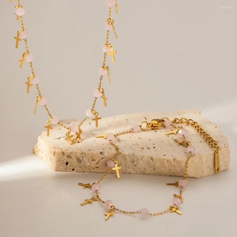 Pendant Necklaces Uworld Trendy Stainless Steel Cross Necklace Rose Quartz Stone Beads Metal Collar Chain Jewelry Bijoux Femme