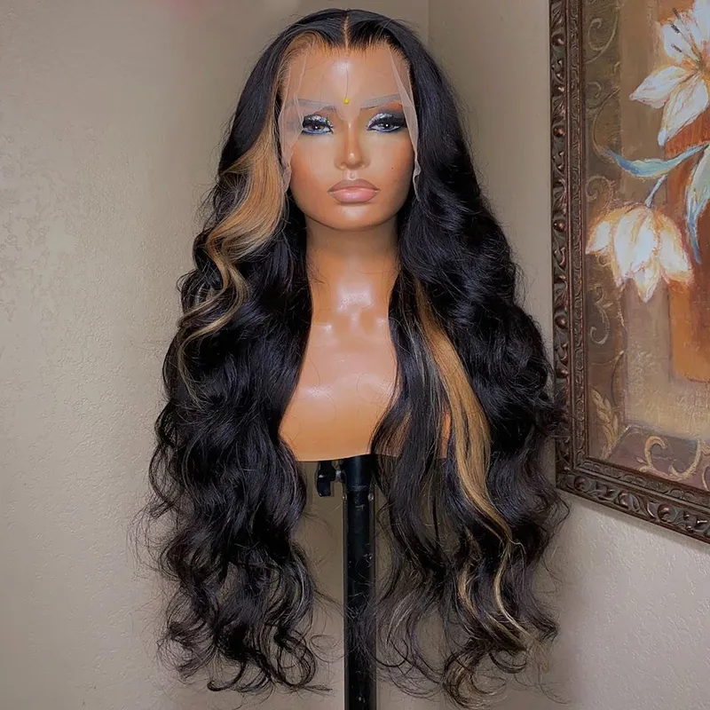 Destacar Honey Blonde Stripe Color 13x4 Peluca Frontal de encaje Ombre Body Wave Pelucas de cabello humano para mujeres negras Cosplay sintético Drag Queen