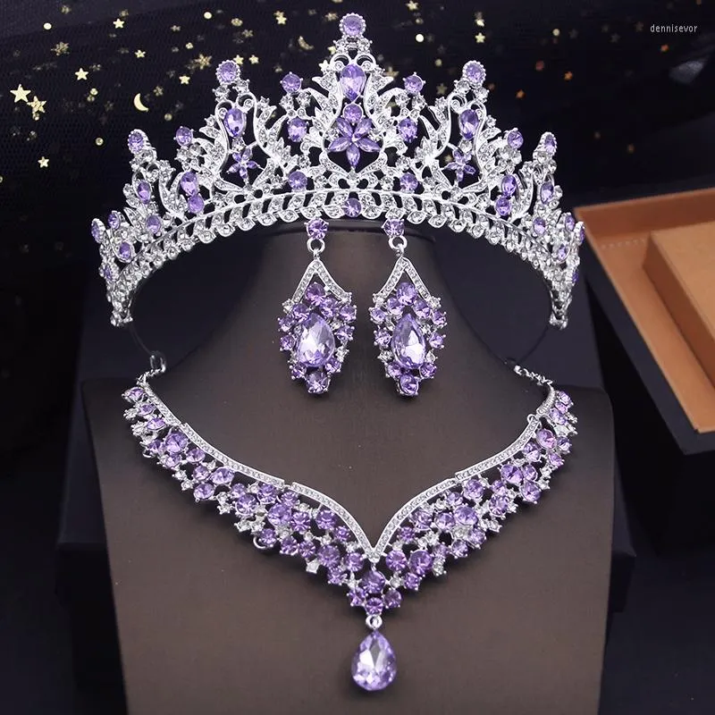 Necklace Earrings Set Fashion Purple Colors Bridal With Tiaras Princess Wedding Crown Bride Costume Accessories