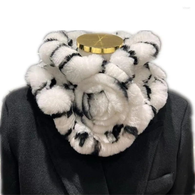 Шарфы зима настоящий рекс мех шарф женщин вязаные пушистые шеи теплее для девочек с цветами