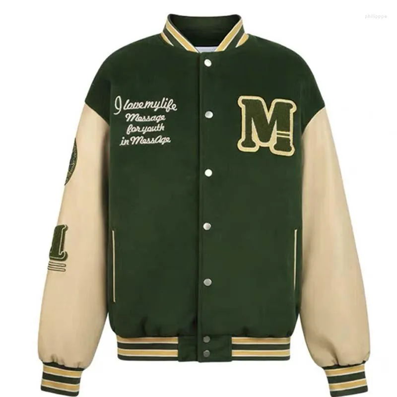 Männer Jacken Männer Brief Stickerei Varsity Jacke High Street Spleißen Baseball Uniform Frau Retro Schwarz PU Leder Hülse