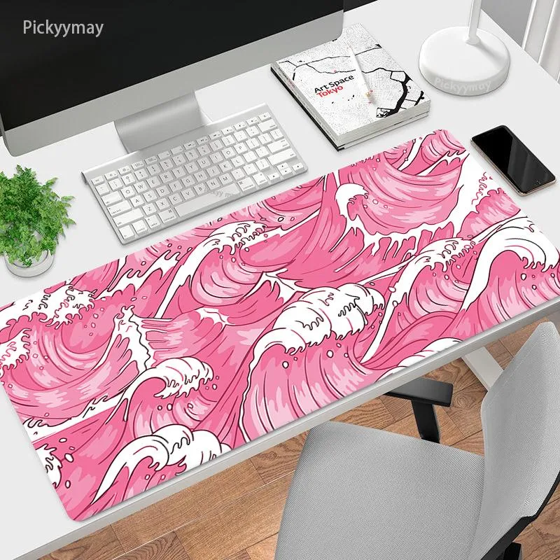 Kuddar rosa mus pad företag stora spelare mausepad mattor dator speltillbehör japan stor våg konst mattan 90x40 kontor skrivbord matta