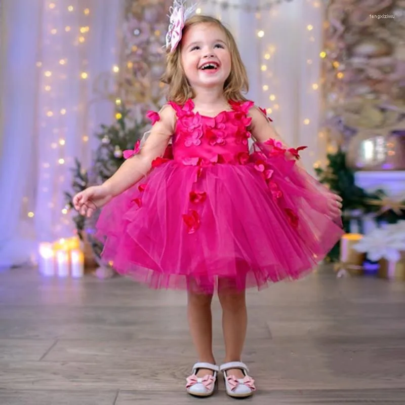 Mädchen Kleider Fuchsia Tüll 3D Applikationen Mädchen Party Tragen Kinder Kleid Langarm Blume Kinder Geburtstag Kleid Mit Schleife