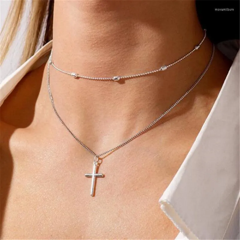 Pendant Necklaces Simple Temperament Double Metal Women's Neck Necklace Fashion Smooth Cross Christian Faith Jewelry