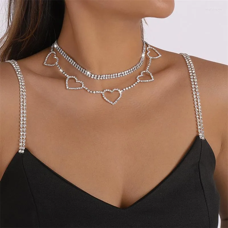 Chains Sweet Gold Silver Color Hollow Heart Full Rhinestone Multilayer Neckalce For Women Girls Charm Clavicle Chain Wedding Jewelry