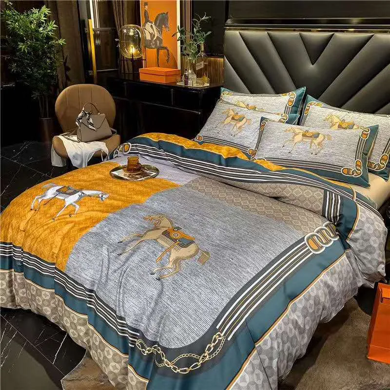 Ensembles de literie de luxe Orange/blanc Satin coton égyptien cheval de guerre ensemble d'impression numérique housse de couette linge de lit drap housse taies d'oreiller