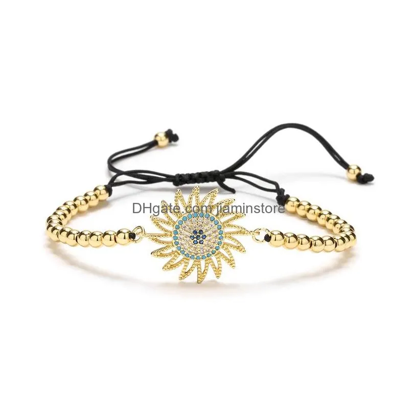 Perlé Strand Tournesol Forme Noir Tressé Corde Cuivre Dstring Bracelet Pour Femmes Réglable En Laiton Colorf Zircon Couple Bijoux Dro Dhsue