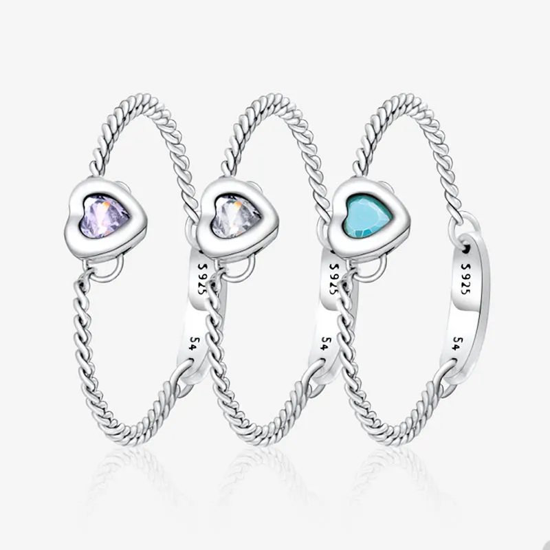 925 Sterling Silver Chain Heart Ring for Pandora Crystal Diamond Party Party Party Rings for Women Girlfriend Gift Ring مع مجموعة مربع أصلية