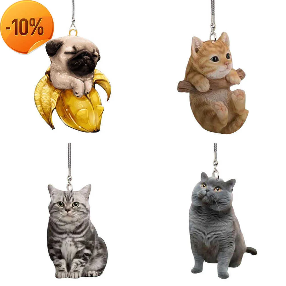 New 2D Cute Cat Puppy Car Hanging Cament Kitten Dog Simulation Model Creative Car Interior Decor Animal Acrylic Pendant Kid Toy Gift