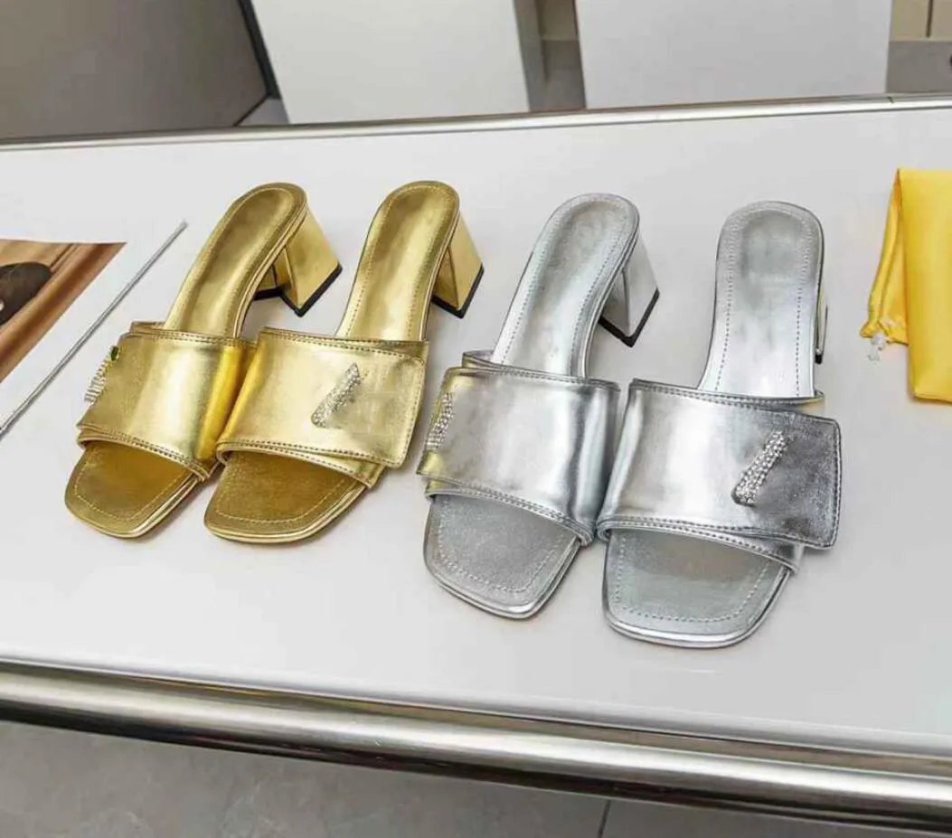 2023 Shake Mule Gold Sandals Women Lacquered Cow Leather Complished Crystal Encrusted Slides Silver Slippers Size 35-42