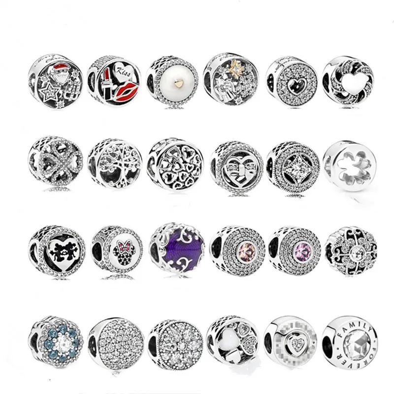 925 Pounds Silver New Fashion Charm Original Runda Pärlor, Fyrklöver, Läppstiftsträd, Love Hollow Hängande String, Kompatibel Pandora Armband, Pärlor