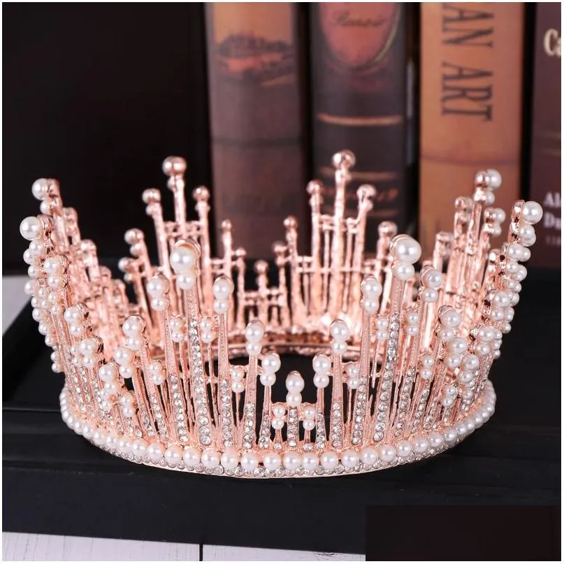 Klipy do włosów Barrettes Vintage Rose Gold Pearl Tiara okrągła korona ślubna dla Akcesoria panny młodej kryształ inkrustowany biżuteria z kroplami dhfpj