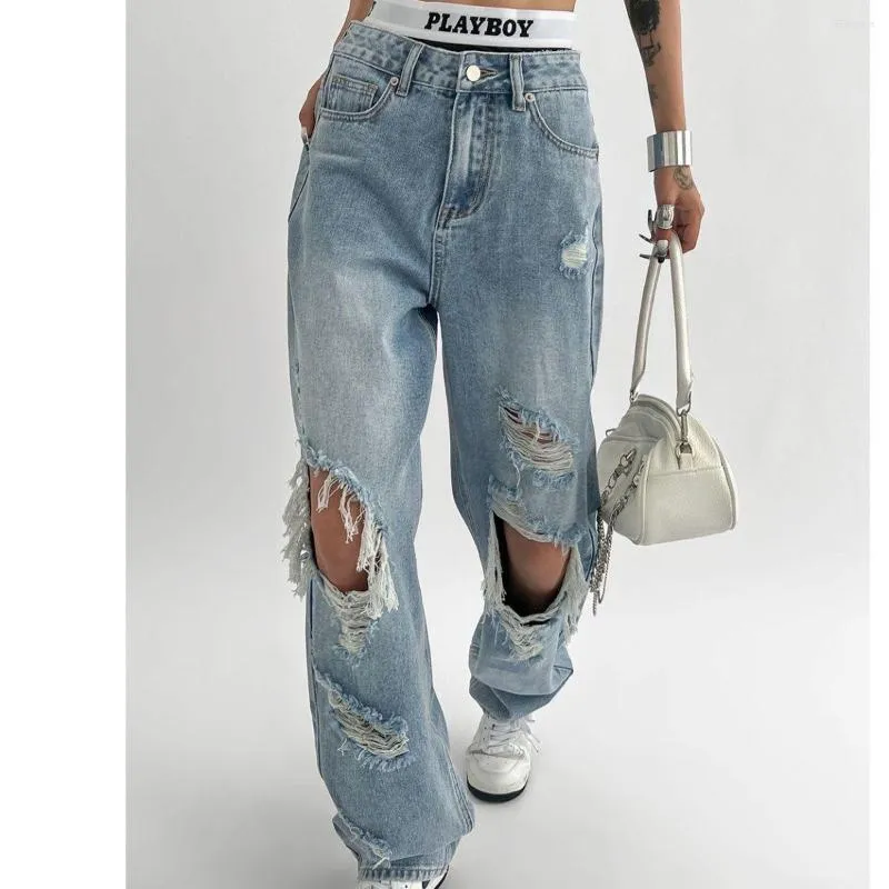 Jeans feminino estilo americano rasgou o design feminino senso de calça de perna larga de pernas largas de rua