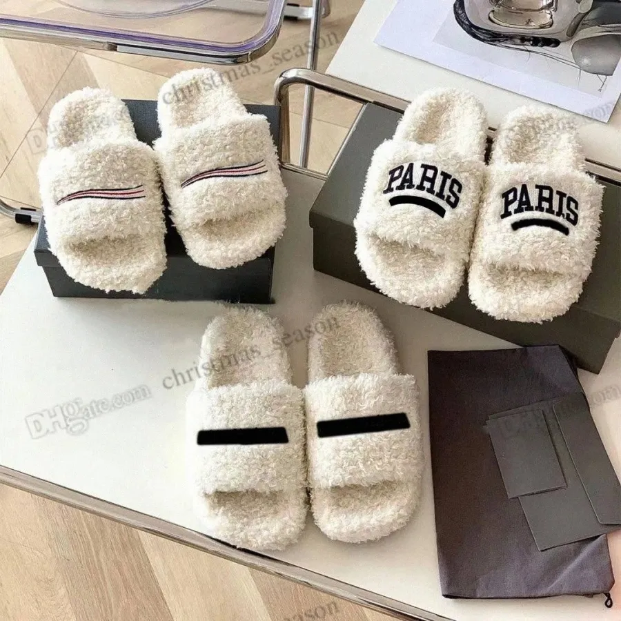 PARIS Bordado Chinelos Masculino Feminino Designer Conforto Furry Slide Ovelha Lã Couro Sandálias Winter Fofo Hotel Warm Slides Fl45RS#