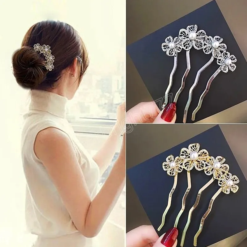 Fashion Metal Flower Pearl Alloy Forks U Shape Hair Pins Hair Comb Jewelry Women Wedding Bridal Hair Clip Hair Headdress