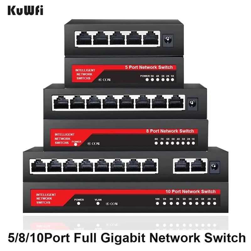 Переключатели Kuwfi Gigabit Network Switch 1000 Мбит/с Ethernet Switch 5/8/10 Port RJ45 LAN HUB Desktop Fast Switch For Office Dormitory Home