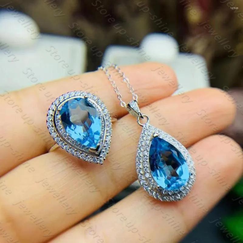 Bagues de grappe Topaze bleue naturelle Bague Pendentif 925 Argent Femmes Super Brillant Atmosphère De Luxe Banquet Bijoux Essentiels