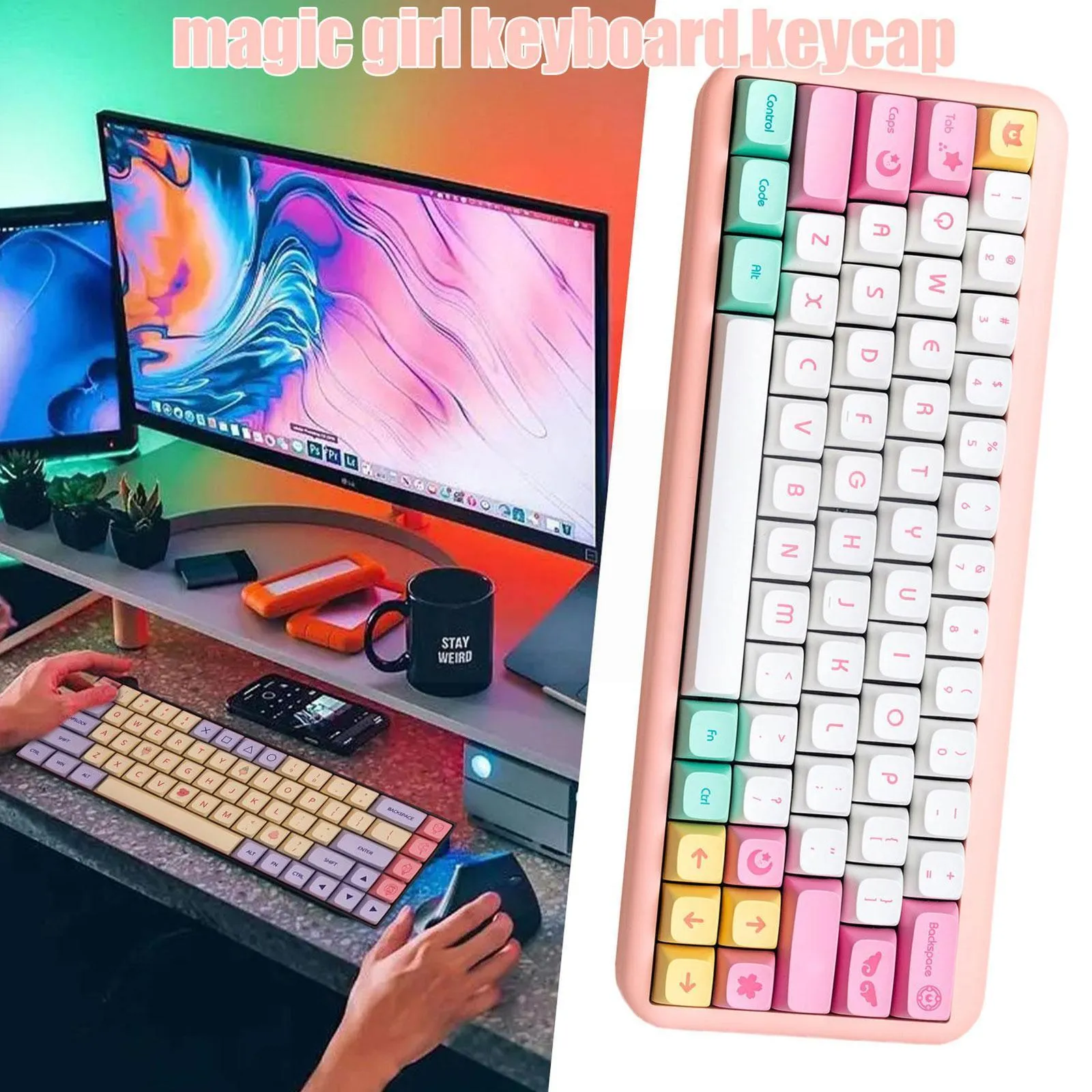 Accesorios PBT KeyCaps Anime Linda chica mágica Estilo japonés Tema Rainbow Keycaps Dye Sublimation 143 teclas para el perfil XDA MX Switch E3i0