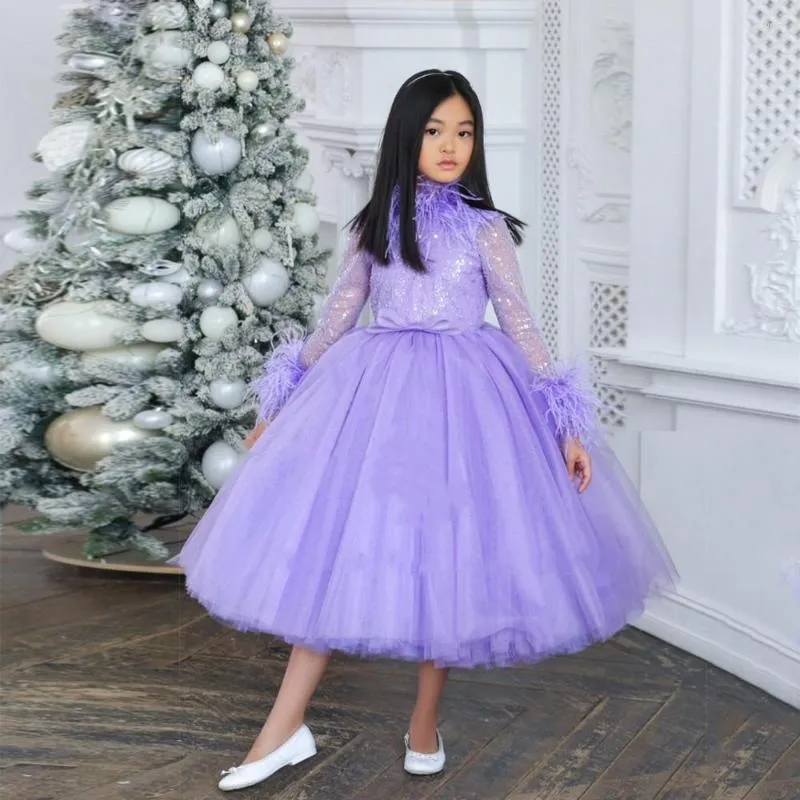Girl Dresses Purple Tulle Feather Flower Sequined Top Tassel Long Sleeve Christmas Gown Pography