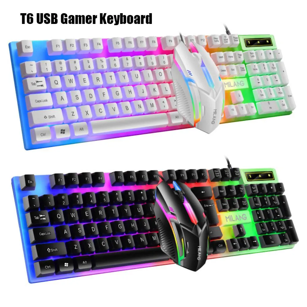 Combos T6 USB Gamer Clavier Filaire Clavier Et Souris Ensemble Antidérapant Étanche Arc-En-Ciel LED Rétroéclairage Souris gamer Pour Ordinateur Portable PC Ordinateur