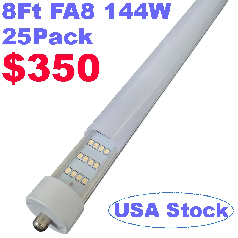 8FT LED Tube Light, Single Pin FA8 Base, 144W 18000LM 6500K 270 Degree 4 Row LED Fluorescent Bulb (250W Replacement), Frosted Milky Cover, Dual-Ended Power crestech168