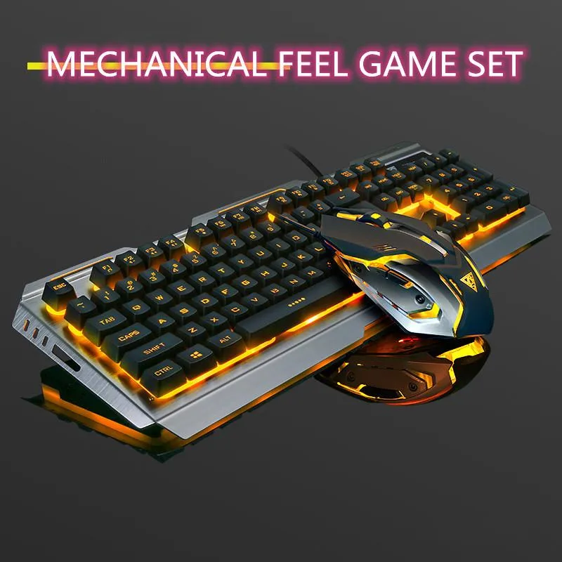 Mice V1 Usb Wired Gaming Keyboard Ergonomic Backlit Mechanical Feel and Mouse Set Tungsten Gold Gamer Laptop Computer Gaming Set