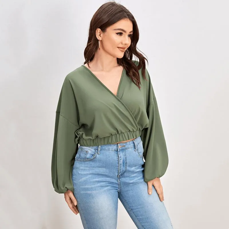 Tops Plus Size Vneck Elegant Summer Spring Wrap Chiffon Blouse Women Long Lantern Sleeve Loose Casual Crop Blouse Large Size 6XL 7XL