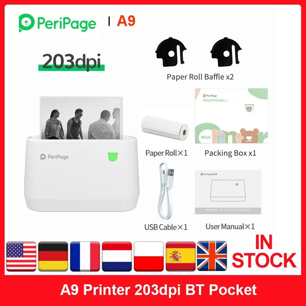 Skrivare PERIPAGE A9 Mini Portable Thermal Printer 203DPI BT Pocket Photo Printer Kvittoet Label Maker Sticker Support 56mm/77mm papper