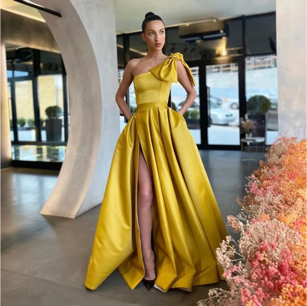 New A Line Evening Dresses Formal Prom Party Gown One-Shoulder Floor-Length Sweep Train Satin long Thigh-High Slits Plus Size Custom