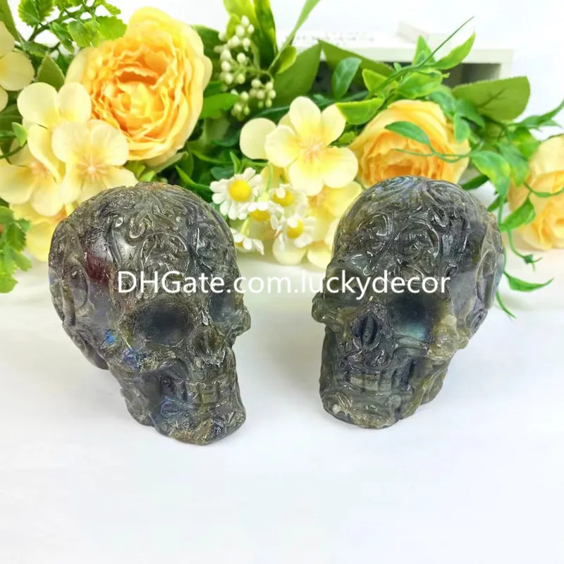 Vacker naturlig labradorit Crystal Gemstone Skull Altardekor Högt mystisk skyddande spektrolit kvartsrocksten snidad mänsklig huvud specialsamling