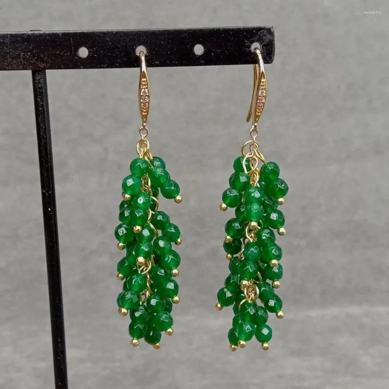 Boucles d'oreilles pendantes KKGEM 4mm facettes rondes vert jade plaqué or longue goutte crochet bijoux pour femmes mariage