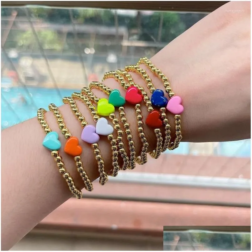 Braccialetti di collegamento a catena 10Pcs Bracciale elasticizzato con ciondolo a cuore in smalto con perline di rame Gioielli fatti a mano con perline d'oro per le donne 2022 Moda Vinta Dhczr