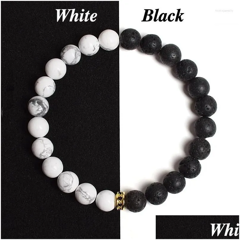 Cuentas Strand Trendy Black White Beads Pulsera hecha a mano Piedra de lava natural Howlite Tiger Eye Cubic Zirconia Ring Pulseras elásticas Dh3Lx