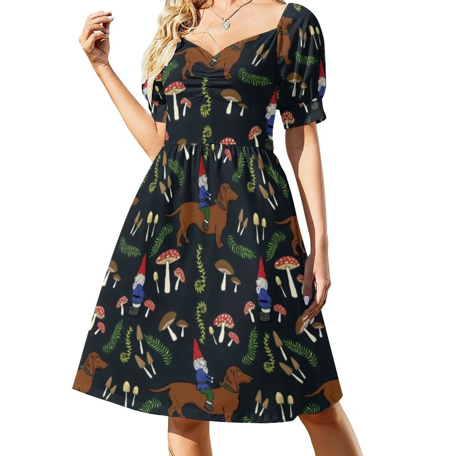 Grundlegende Freizeitkleider, süßes Hunde-Dackel-Kleid, sexy V-Ausschnitt, Pilz-Wald-Druck, Festival-Kleid, ästhetisches Muster, übergroßes Geschenk 230526